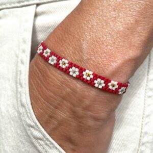 Bracelet "Semi de Pâquerette" ruban Rouge Coquelicot